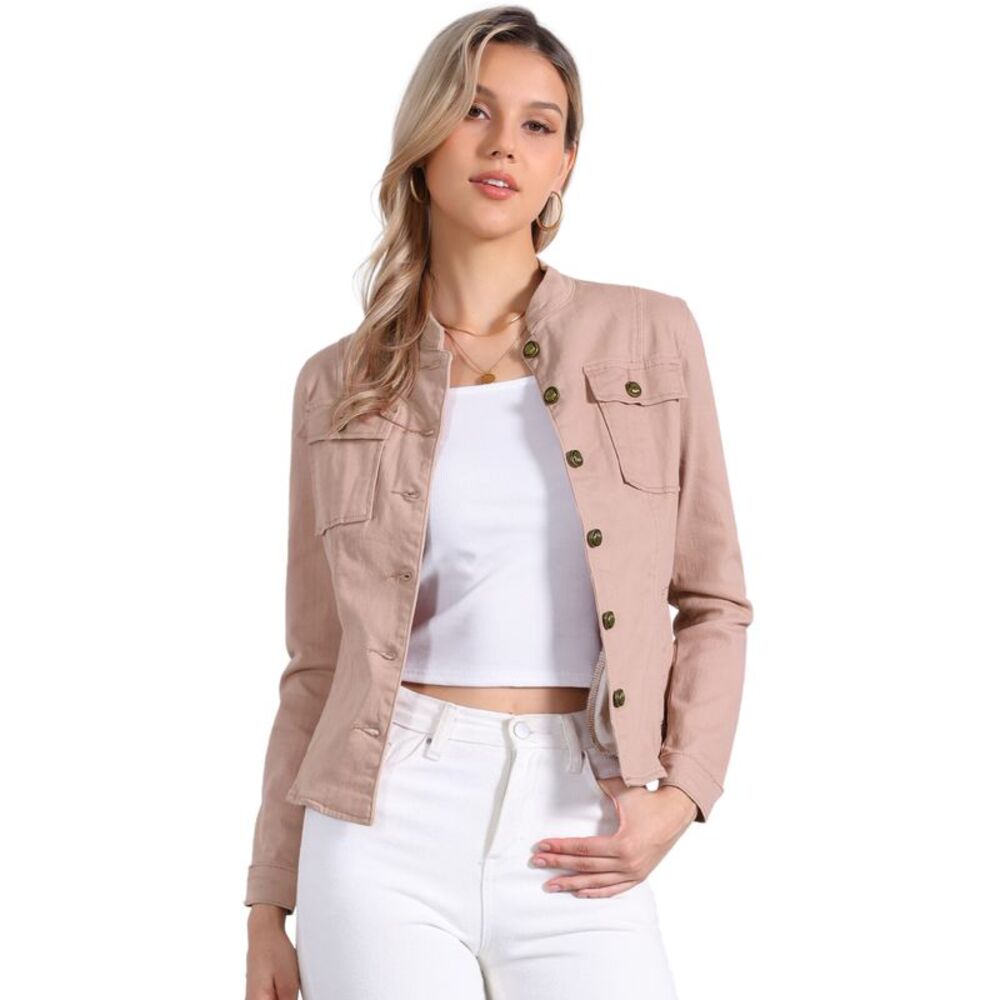 Casual Denim Jacket Classic Stand Collar Long Sleeve Jean Jacket Pink